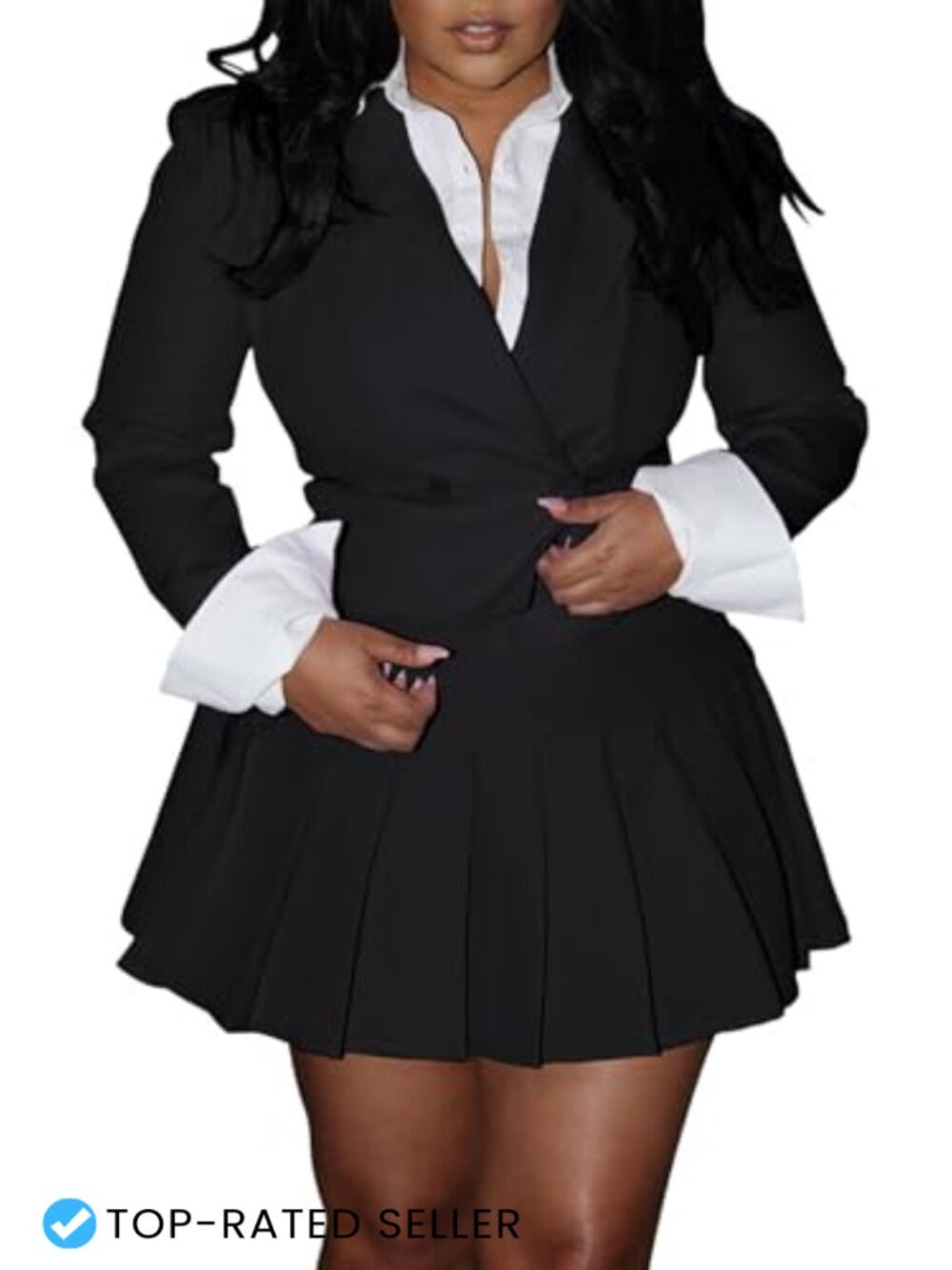 Women Business Casual 2 Piece Skirt Suit Cropped Blazer Pleated Mini Skirt